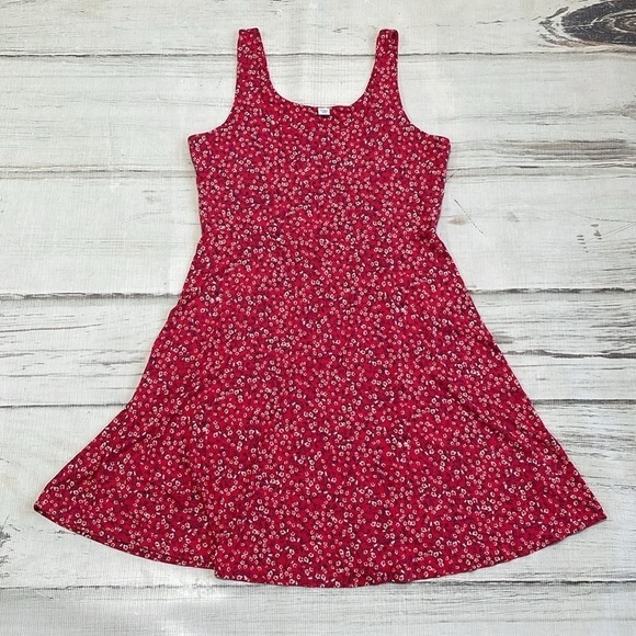 Old Navy Dress Women's L Large Red Floral Sleeveless Square Neck A-Line Midi - Picture 11 of 16
